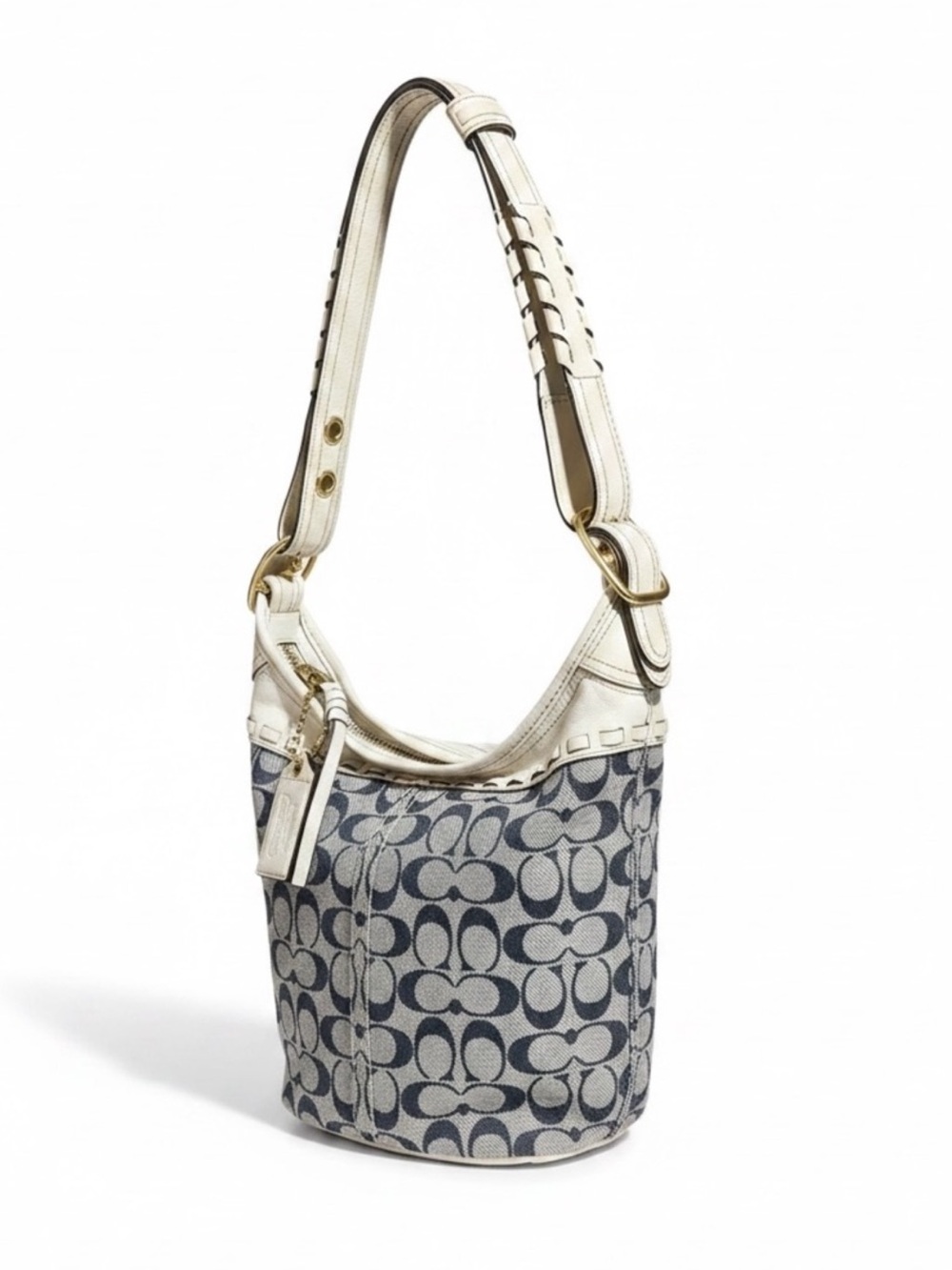 Coach 2007 Bleeker Signature Denim Bucket Bag Blue Canvas White Leather Y2K EUC